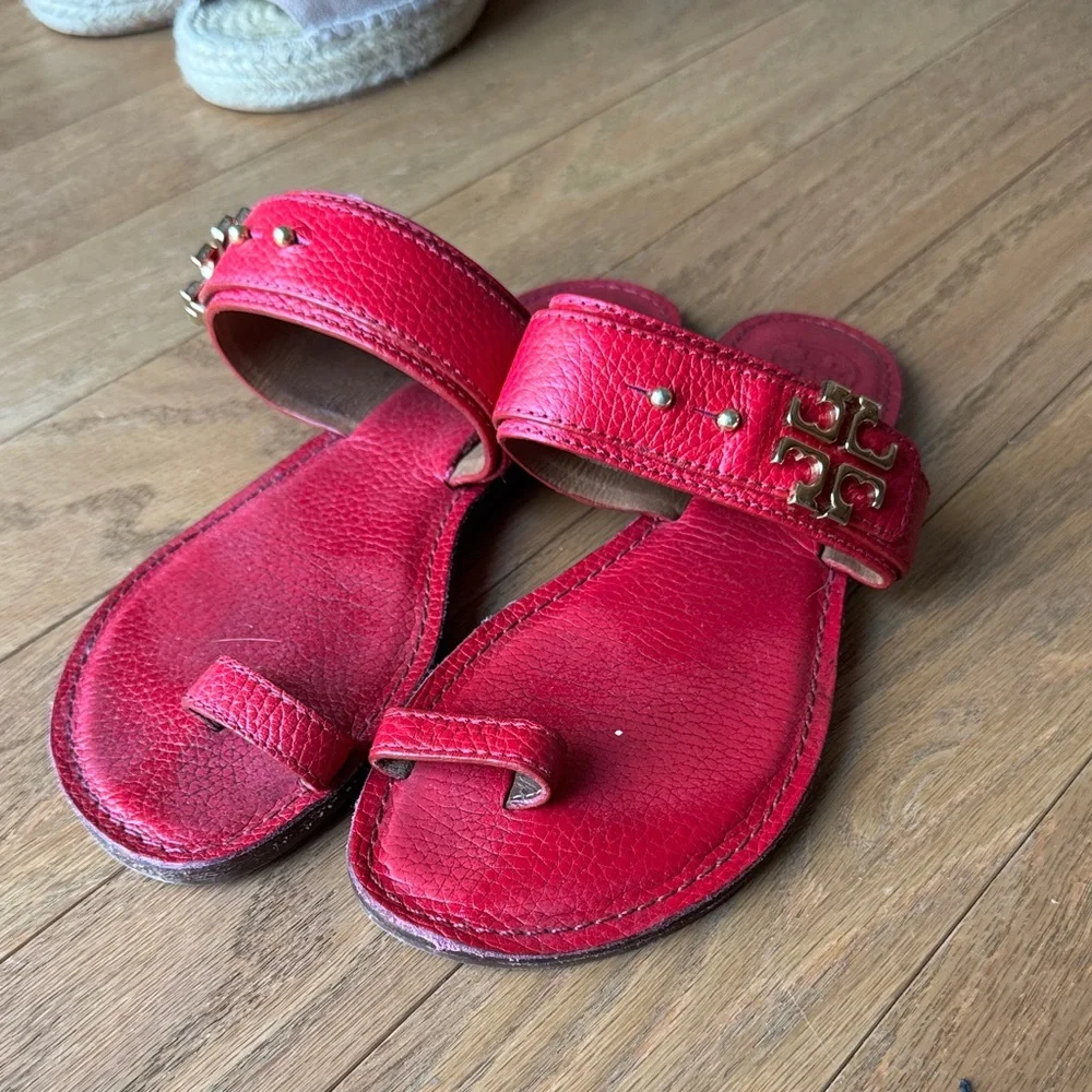 Tory Burch Red Leather Toe-Ring Slide Sandals with Gold Hardware